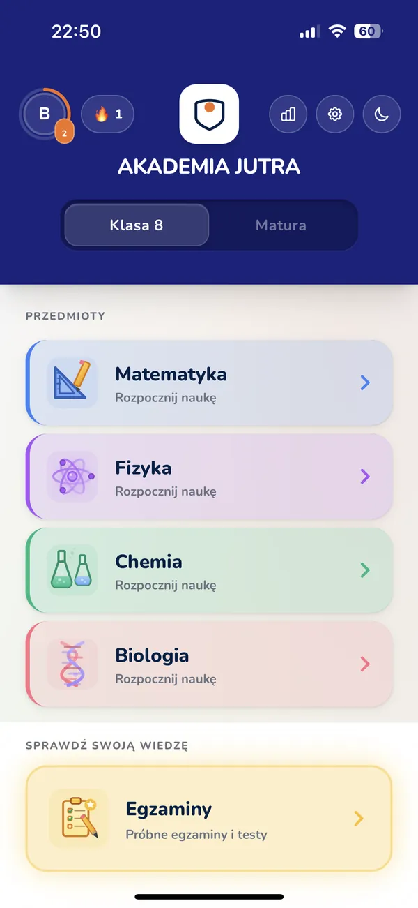 Ekran główny aplikacji Akademia Jutra